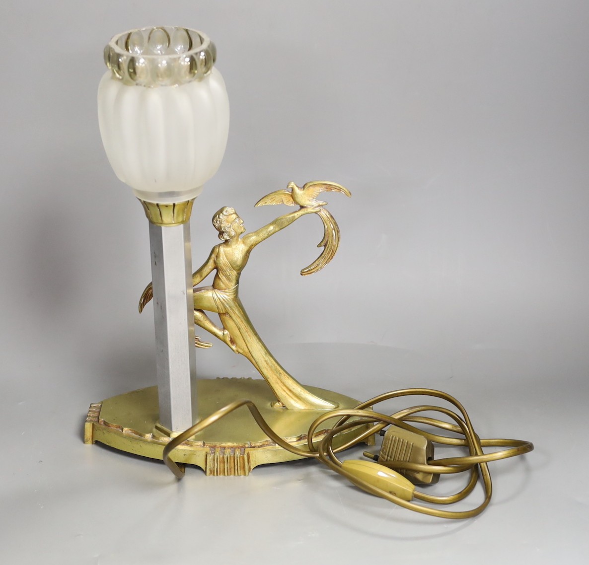 An Art Deco gilded bronze figural lady lamp, 32cms